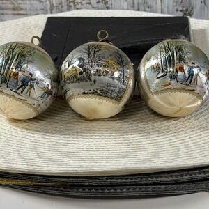 Vintage Christmas Ornaments Currie & Ives Satin Spun Balls Winter Snow Scenes